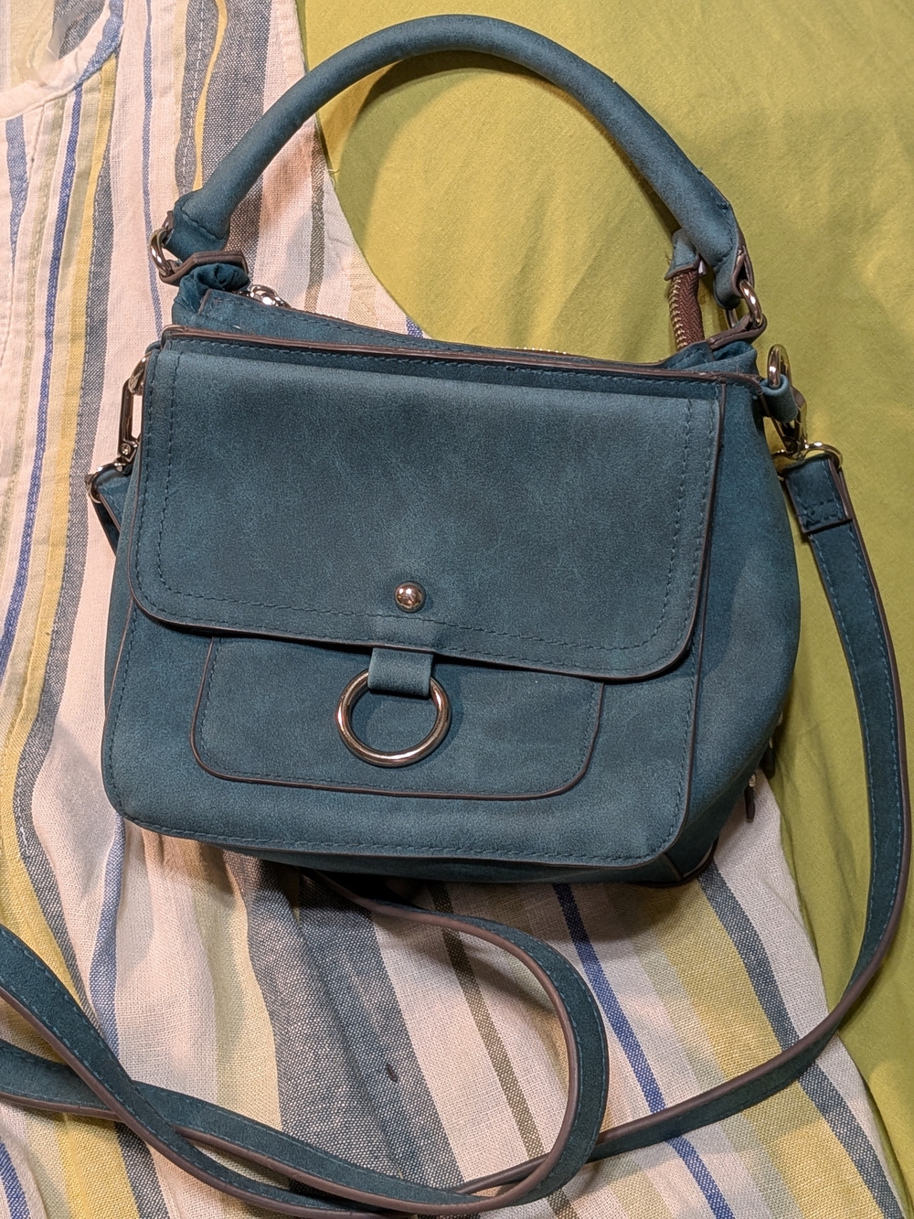 Teal Suede Crossbody Handbag with Top Handle